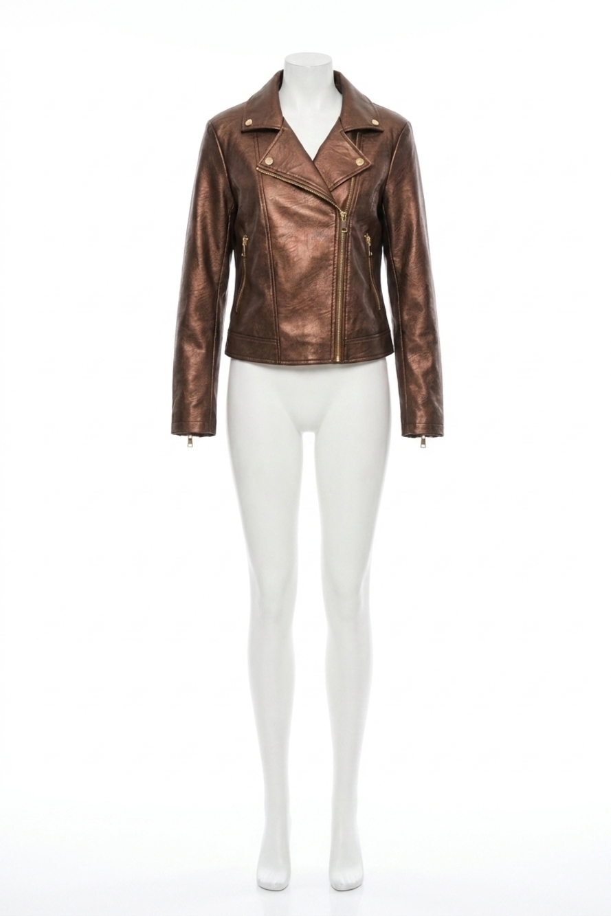 NEW JOSEPH RIBKOFF mira metallic faux leather biker jacket in bronze